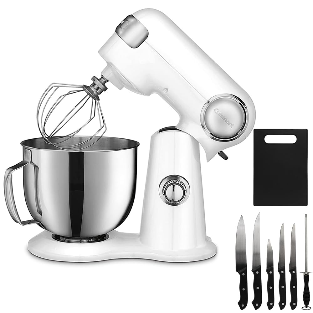 Precision Master 5.5-Quart 12-Speed Stand Mixer (White Linen) Bundle with Deco Essentials 5-Piece Knife Set with Cutting Board and Sharpening Steel by Cuisinart – Model E5CUISM50