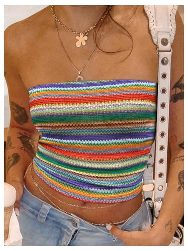 GORGLITTER Women's Strapless Stripe Knit Tube Tops Bandeau Boho Summer Backless Sleeveless Colorful Going Out Crop Top3