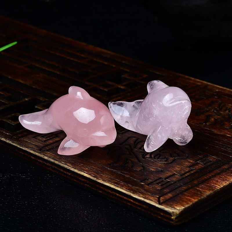 Natural Rose Quartz Dolphin Crystal Figurine – Hand-Carved Raw Stone Sculpture, Healing Crystal Energy Ornament for Home Office Décor and Meditation