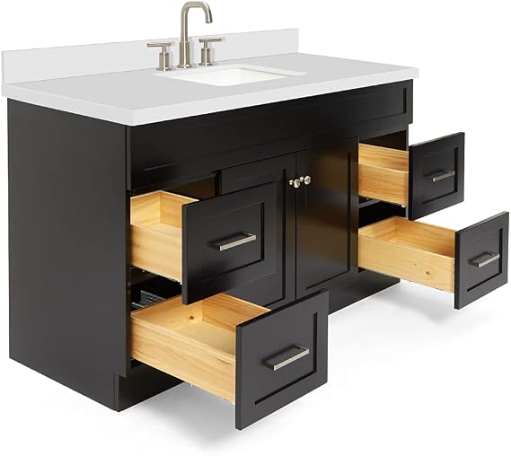 DKB Bradford 54 White Bathroom Vanity with Sink, 1.5 Thick Pure White Quartz Countertop, Undermount Rectangle Sink, 2 Soft Closing Doors & 4 Full Extension Dovetail Drawers, Satin Nickel