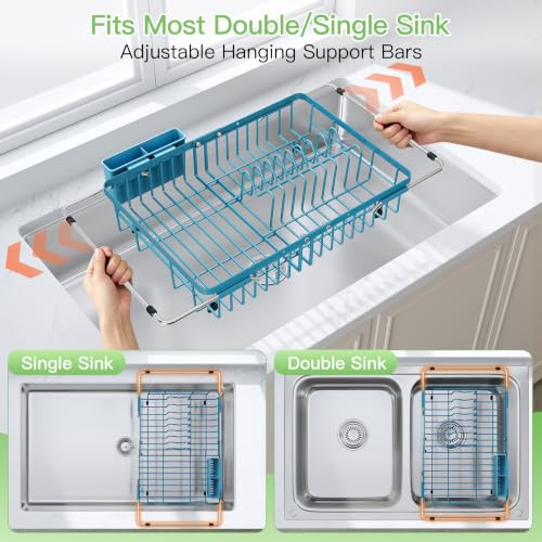 Image of JASIWAY Blue Dish Drying Rack Over the Sink with Utensil Holder