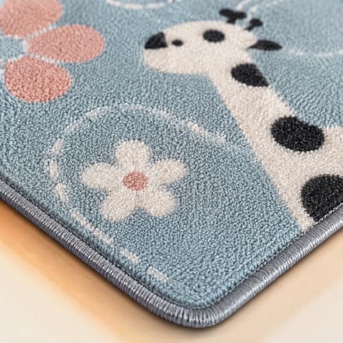 Image of Matz&More Animals Giraffe Kids Floor Mat | 40x60 CM | Blue Pink | Nylon Tufted Gel Baking Anti-Slip | Home School Doormat | Children Play Room Entrance & Child Bedroom