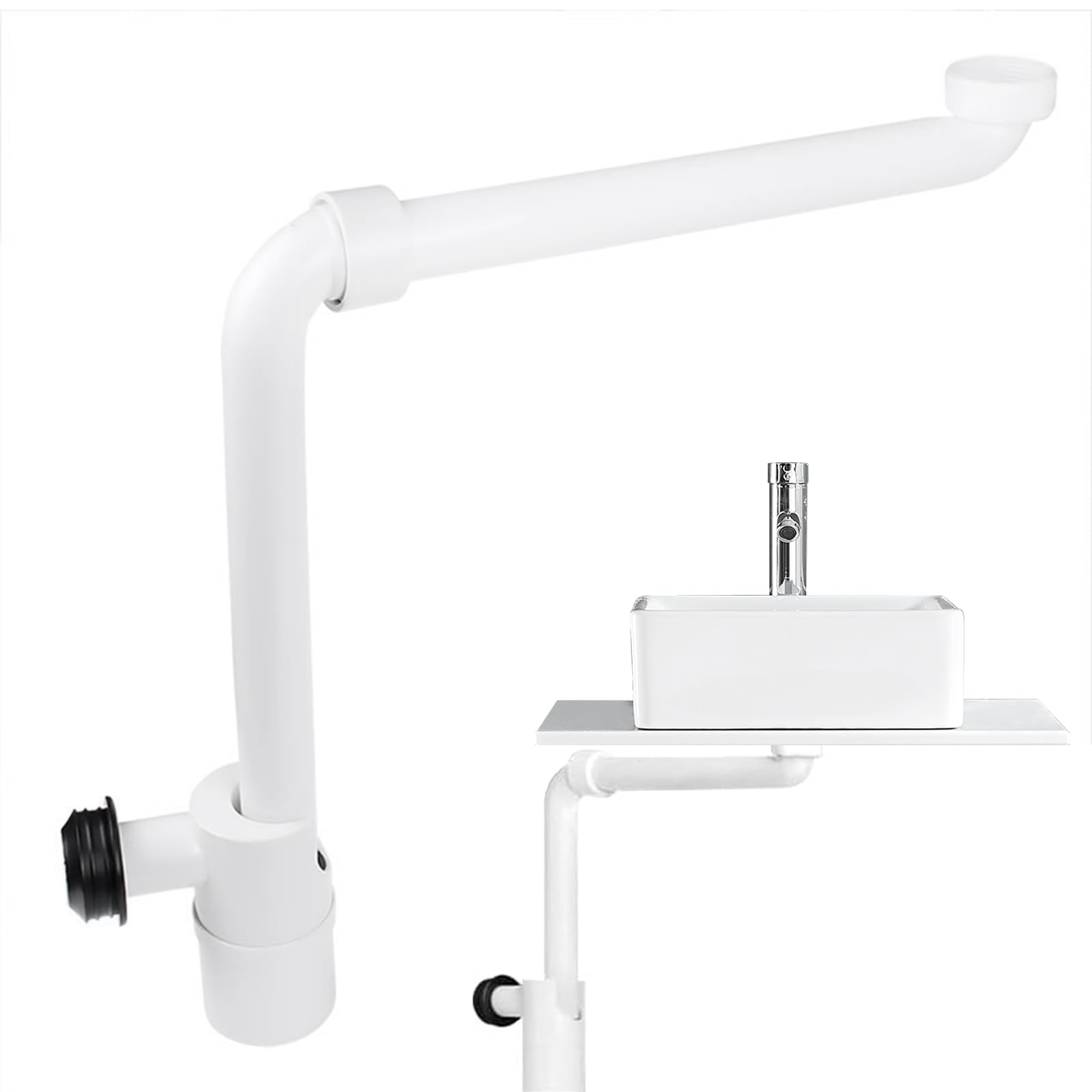 Siphon lavabo extra plat 32 mm, siphon gain de place orientable 360° avec clapet anti-odeur, kit bonde et tuyau d'évacuation pour salle de bains, muezzin réglable