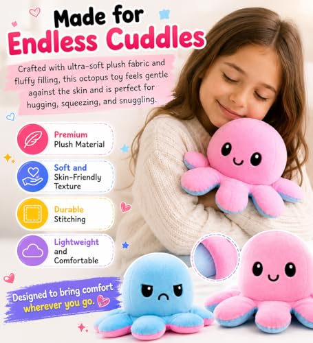 Image of Reversible Octopus Plush Toy 18 cm | Flip Mood Soft Toy | Double-Sided Happy & Angry Expression | Super Soft Stuffed Animal Plushie | Cute Kids Gift, Stress Relief Toy, Home Decor (Pink /Blue)