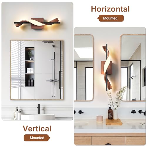 Image of Farmhouse LED Wall Sconce, 3000K Dimmable LED Bathroom Light Fixture, 17.9 inch Vanity Light Over Mirror, Wood Indoor Wall Lamp for Bedroom, Living Room