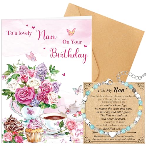 Luvart Nan Birthday Card Gift - Flower Nan Greeting Card with Bracelet Nana Birthday Gifts from Grandson Granddaughter Mothers Day Valentines Day Gifts for Nana Nanny