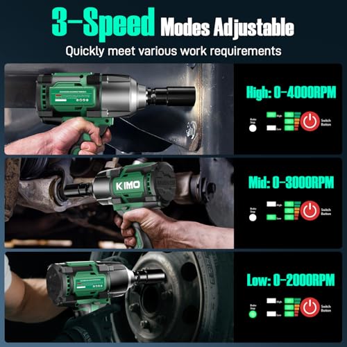 Image of KIMO Impact Wrench 1 /2 Inch, 890Ft-Lbs(1200N.m), 4000RPM /2900IPM Brushless Motor High Torque Impact Driver with 4.0Ah Battery, 3 Modes, Variable Speeds, LED Light, Cordless Impact Gun for Car /Truck