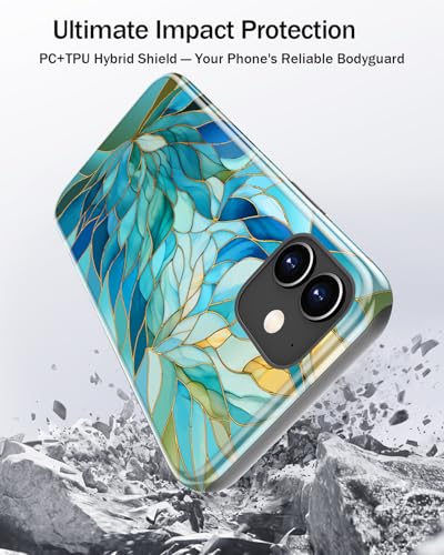 Image of Goodon for iPhone 12 Mini Case Cute - Wireless Charging Compatible - Dual-Layer Hard Shell + Silicone Cover - Protective Phone Case with Trendy Designs for Women - Blue Leaves Flower | Dual-Layer Hard Shell + Silicone, Slim Fit Protective Phone Cover with Wildflower Designs for Women Girls