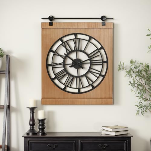 FLORA-Large-Farmhouse-Wall-ClockRustic-Barn-Door-Wall-Clocks-for-Living-Room-Decor-Battery-Operated-24-Brown FLORA Large Farmhouse Wall ClockRustic Barn Door Wall Clocks for Living Room Decor Battery Operated 24 Brown