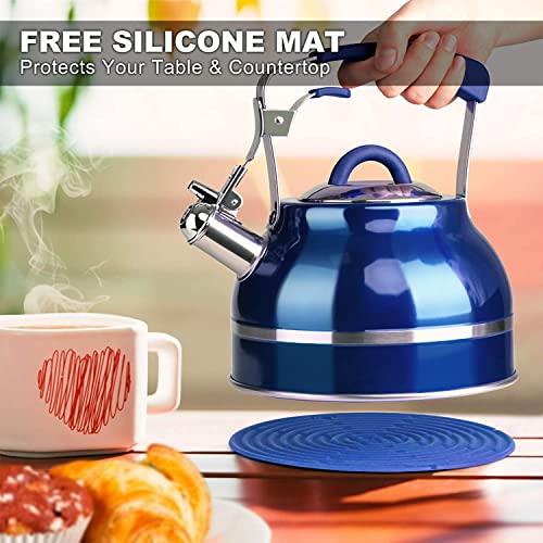 Secura Whistling Tea Kettle, 2.3 Qt Hot Water Kettle, Stainless Steel Tea Pot For Stovetops, Blue Teakettle, Tea Infuser With Silicone Handle, Silicone Trivets Mat #TOP6