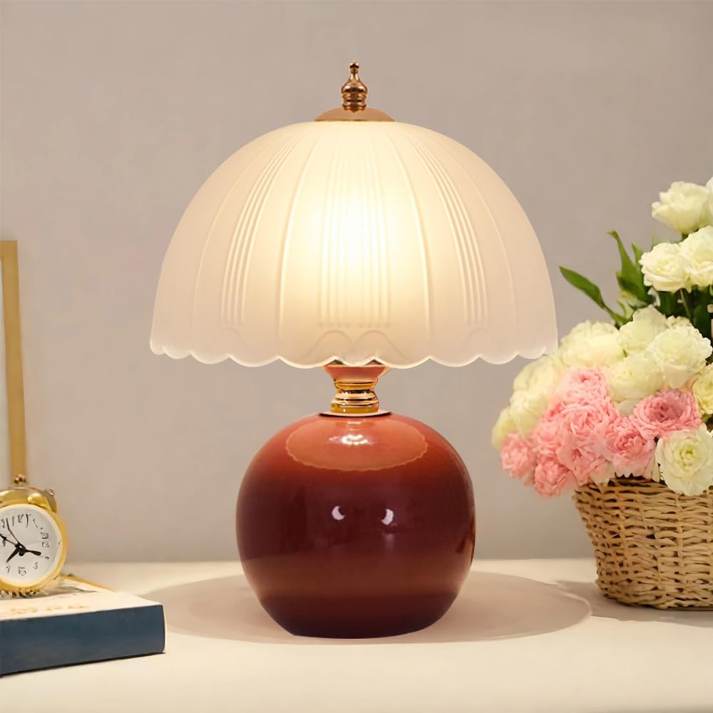 Mengjay Lampe de Table Vintage en Céramique,E27 Lampe de Chevet avec Abat-Jour en Verre,Lampe de Bureau Intérieur avec Prise et Interrupteur pour Chambre Salon Bureau Bar (Rouge)