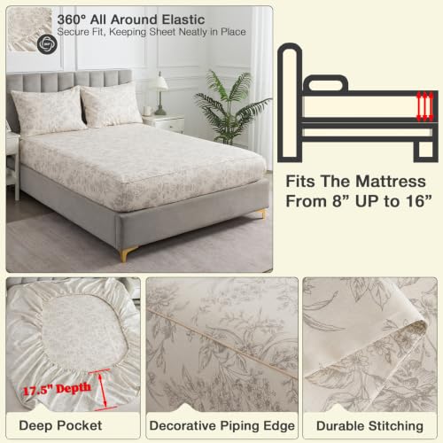 Image of Vintage Beige Floral Percale Sheets King Size, Deep Pocket, 4Pcs | 100% Cotton Neutral Flower Sheet Set, French Country Bordered Bed Sheets, Shabby Chic Toile Bedding, Cottage Core, Leaf Print