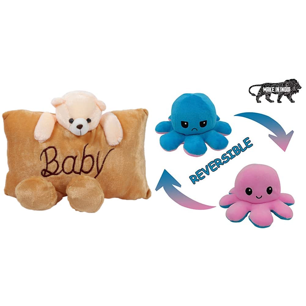 Richy Toys Baby Teddy Bear Pillow Stuffed Soft Plush Soft Toy (Brown) & Babique Octopus Sitting Plush Soft Toy Cute Kids Animal Home Decor Boys/Girls (17 cm)