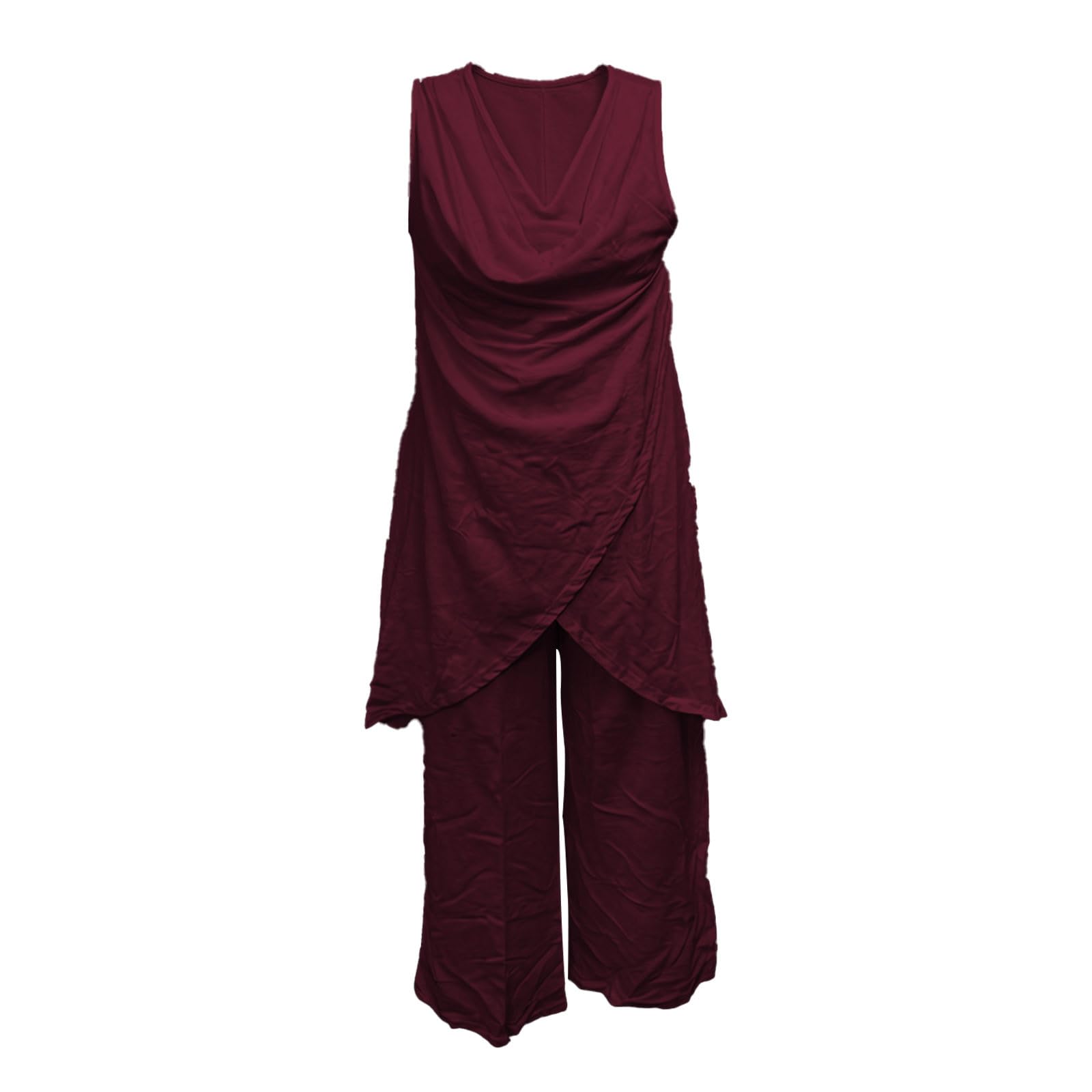 Generisch Tuta estiva da donna, due pezzi, elegante, per il tempo libero, streetwear, outdoor, tuta da allenamento, tinta unita, con scollo a V, gilet senza maniche e pantaloni a gamba larga