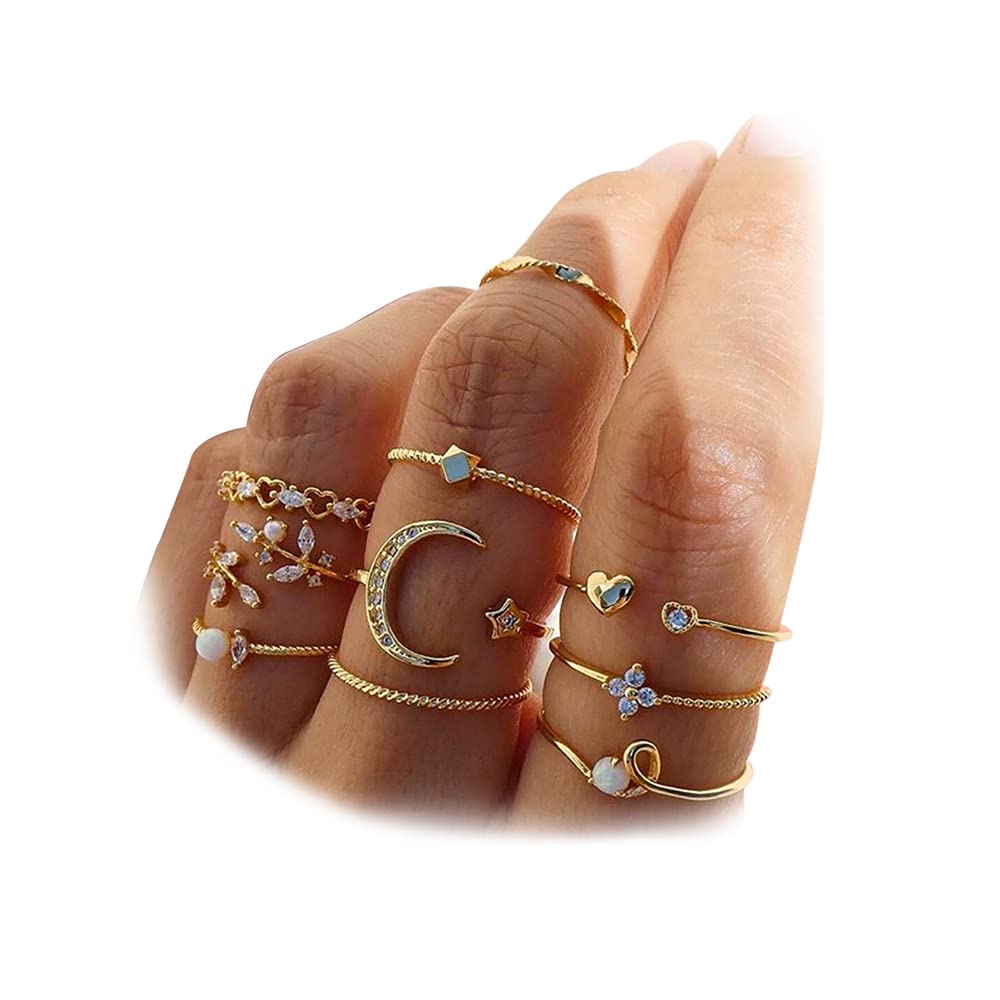 KISS WIFEGold Stackable Moon Star Knuckle Rings Set for Women, Boho Dainty Lightweight Stacking Rings, Vintage Midi Rings Pack, Trendy Jewelry