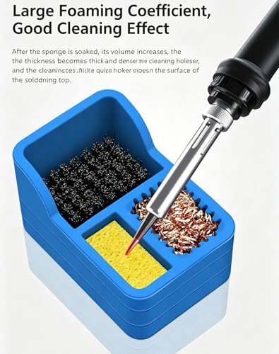 Image of 3-in-1 Soldering Iron Tip Cleaner - Brass Wire, Sponge & Steel Wool Cleaning Station - Desktop Holder for Solder Tip Maintenance, Oxidation Removal & Electronics Repair Tools