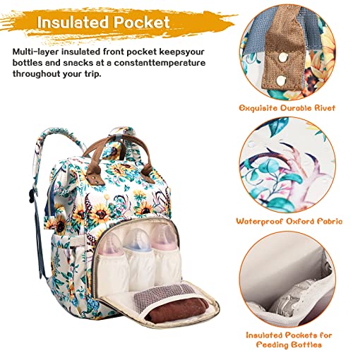 Floral Diaper Bag Backpack, Waterproof Baby Care Bag, Women Travel Baby Nappy Changing Bag (White), 16.5 x 11 x 7 inches - Image 3