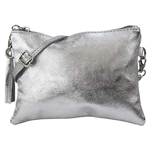 SH, borsetta a tracolla in vera pelle “Anny”, pochette, borsa da sera, 22 x 15 cm, G248, argento, Small