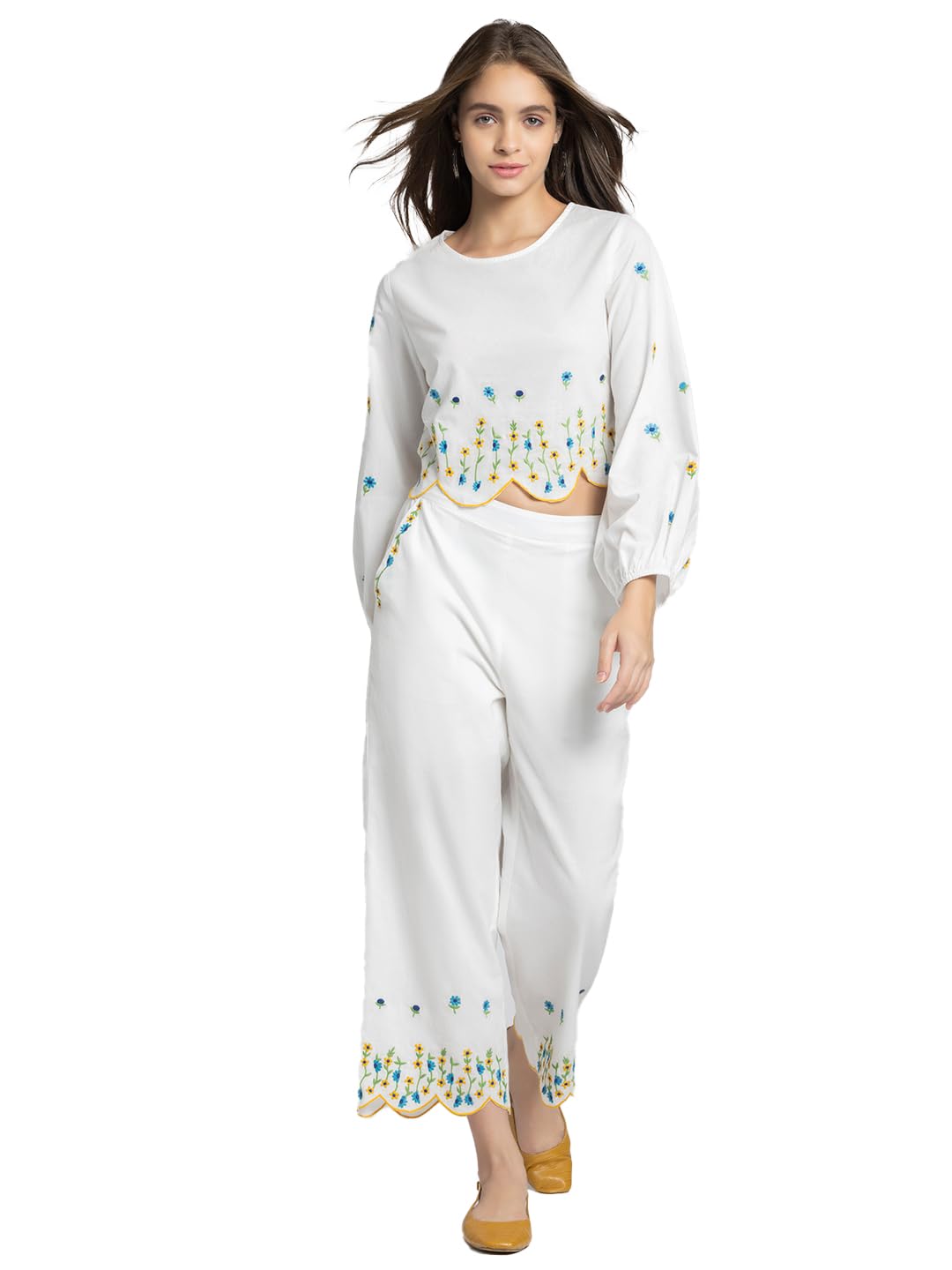 2 Piece White Floral Embroidered Casual Co-Ords For Women