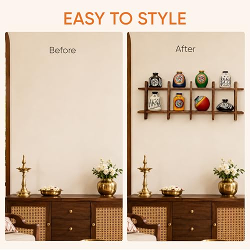 Image of AAKRITI ART CREATIONS Ladder Wall Decor 8 Handcrafted Warli Pots | Wooden Shelves Shelf Terracotta Vases | Matte Finish Decorative Wall Art for Living Room, Entryway & Gifting