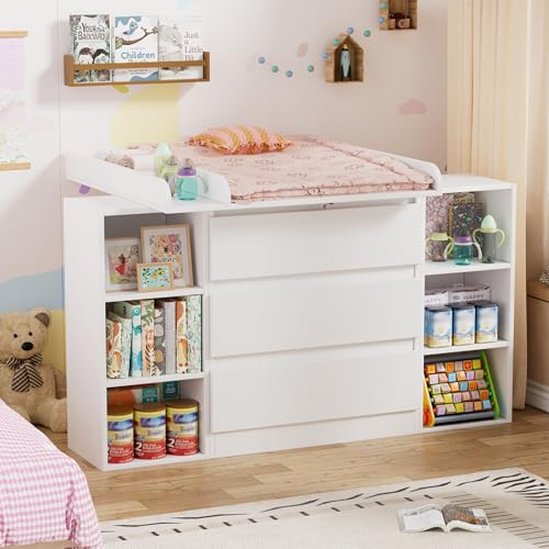 Elancee 2-in-1 Wickelkommode mit abnehmbarem Wickelaufsatz,Baby Wickeltisch Weiß, Kommode mit 3 Schubladen & 6 Seitlichen Regalen, Viel Stauraum für Babyzimmer, 73x70x78 cm/113x32x70 cm,Weiß