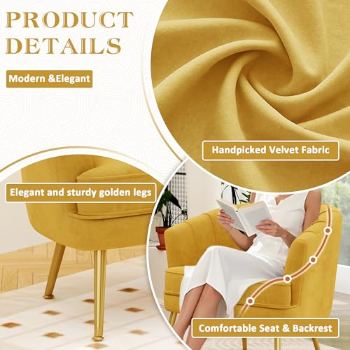 Image of Andeworld Velvet Accent Chair, Barrel Armchair, Yellow | Velvet Upholstery, Golden Metal Legs, Comfy Barrel Back, Modern Style, Living Room Bedroom Office