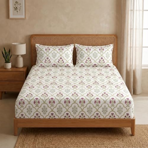 Image of HOMEMONDE 186 TC Soft Cotton Fitted Sheet Floral Printed Queen Size Elastic Fitted Bedsheet with Two Pillow Covers - (78 x 72 Inches, Spring Buds Pink) | Perfect for Home Decor & Gifting