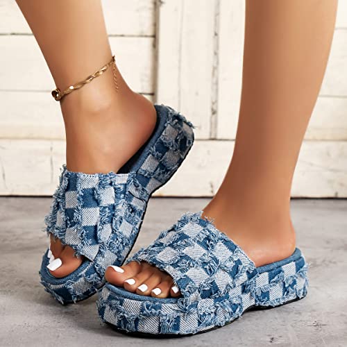 Women's Women's Washed Denim Platform Slippers Summer Indoor/Outdoor Non-Slip Thick Sole Sandals Travel4