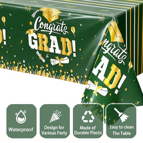Image of OQOQ Graduation Decorations 2026 Tablecloth (Green,3 Packs), 54x108 Inches 2026 Graduation Congats Party Decorations Plastic Green Table Cloth Disposable Table Cover