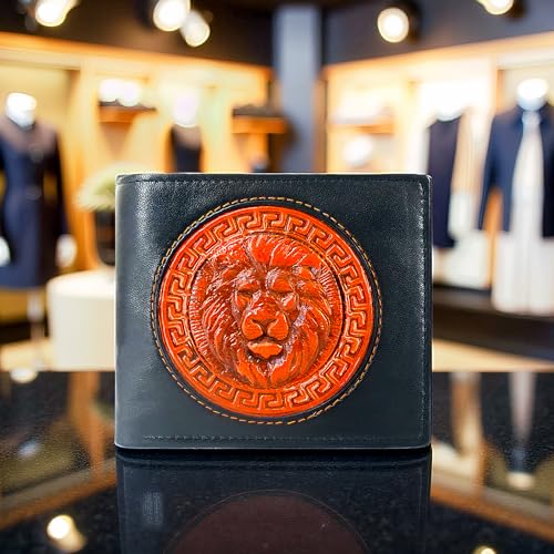 Men's RFID Blocking Leather Wallet- Bifold Wallet - Premium Napa Leather - 7 Card Slots ID Window Coin Pocket 2 Cash Compartments (Lion, Black)2