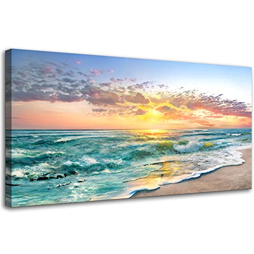 Beach Ocean Wall Art Pictures For Living Room - Canvas Print Wall Art Beach Sunset Ocean Waves Nature Pictures Framed For Bedroom Farmhouse Office Wall Décoration Teal Blue 40"X20" #TOP4
