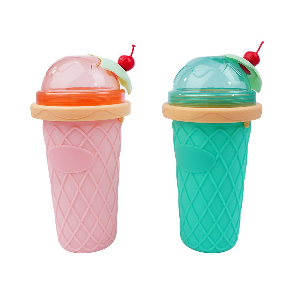 Sarini Slush-Becher 2-teiliges Set – Quetschbecher aus Silikon für Slushies, Smoothies, gefrorene Leckereien – DIY-Slushy-Maker mit Strohhalmlöffel – Ideal für Sommerspaß, Kneten und Eiswürfelbereiten