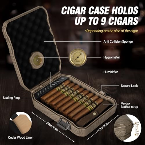 Travel Cigar Humidor Case - Cedar Lined, V Cut Cutter, Portable Humidor with Humidifier & Hygrometer, Holds 7-9 Cigars, Includes Lighter - Gift Set - Image 3