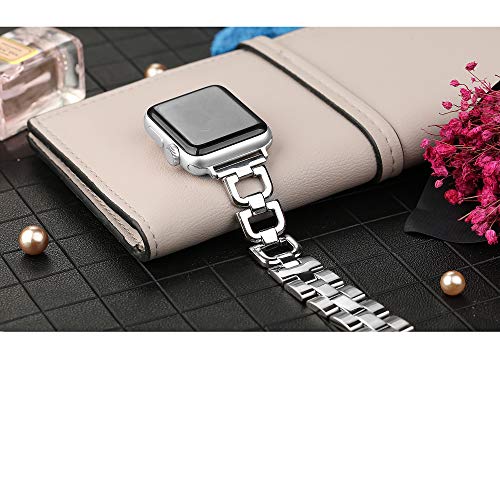 Secbolt Bling Bands Compatible with Apple Watch Band 38mm 40mm 41mm iWatch SE Series 8 7 6 5 4 3 2 1 Women Dressy Jewelry D-link Stainless Steel Wristband Strap, Slim Silver