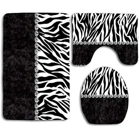 CoolSomeJies Black Velvet Zebra Print Bling Classical Traditional Artwork Bath Mat Bathroom Carpet Rug Washable Non-Slip 3 Piece Bathroom Mat Set Cover