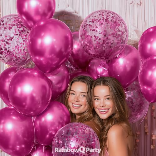 Image of RainbowQ Metallic Hot Pink Balloons: 55Pcs 12 inch Chrome Fucsia Confetti Party Shiny Balloon Helium Latex Balloon for Birthday Anniversary Wedding Decoration