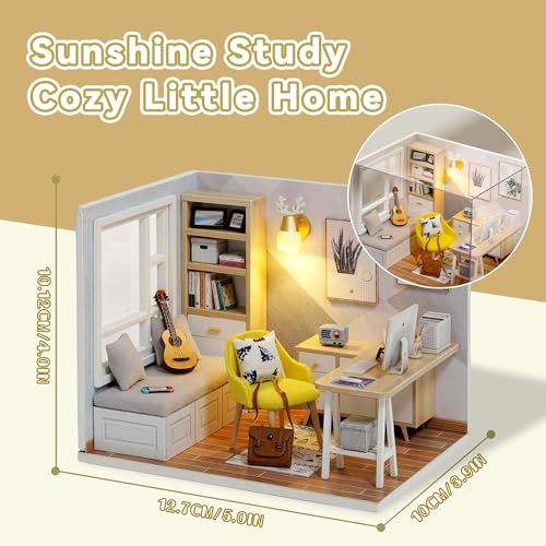 Image of Flever Dollhouse Miniature DIY House Kit Creative Room with Furniture for Romantic Artwork Gift (Sunny Study)