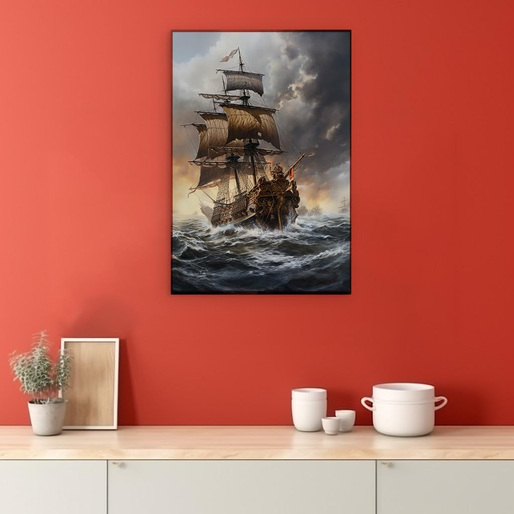 Canvas for Living room. Stormy Seas and Skull Flags: A Pirate Ship's Perilous Voyage, 27 x 18 inch Canvas Wall Art - Modern Home Decor