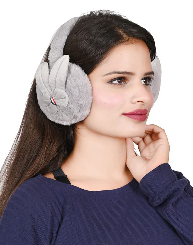 dressify Girl's Premium Bow Earmufuffs, Winter Windproof Girls Ear Warmer Plush Ear Muffs with Hairy Rabbit Ear -Grey Color-picture-8
