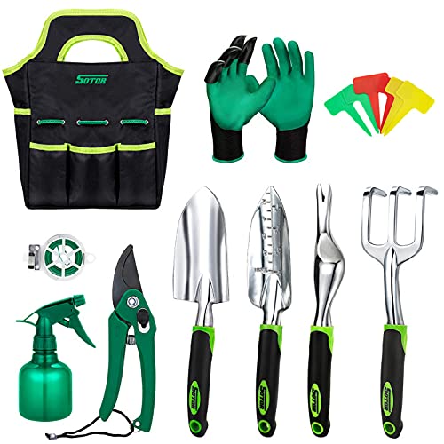 Garden Tools Set 15 Pieces, Aluminum Alloy Heavy Duty Gardening Tool Set with Ergonomic Handle, Digging Trowel Pruner Weeder Hand Rake, Storage Tote Bag, Gloves Sprayer and More Outdoor Hand Tools