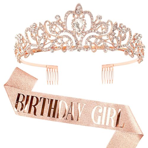 Corona Compleanno Diadema e Fascia per compleanno da Donna, Oro Rosa Tiara Regina Regalo Compleanno Ragazze Birthday Girl Sash Birthday Queen Fascia per Spose Concorsi di Bellezza Feste Compleanni