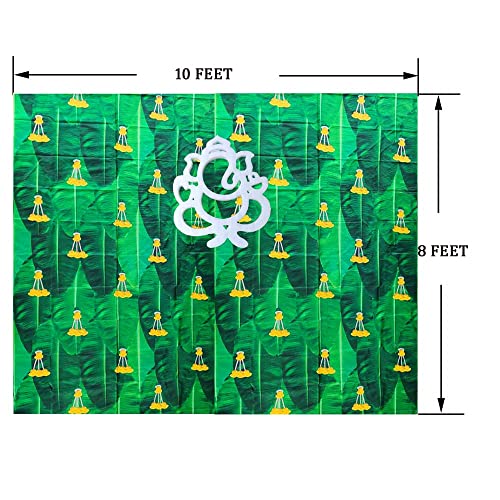 Image of ZEONELYMART Banana Leaf Backdrop Cloth with Small Yellow Flower Hangings for Pooja, Housewarming and Wedding etc Events Decoration 10 X 8 Feet (Banana Leaf Yellow Flowers Cloth with Ganesh)
