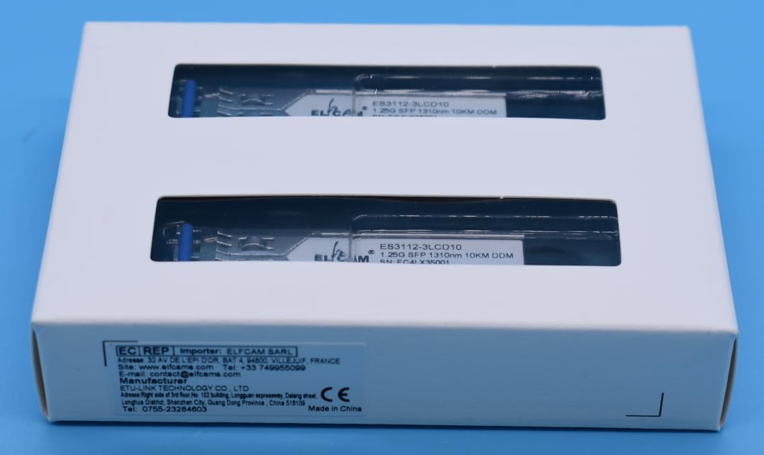 Elfcam - 2 Pack 1,25Gb SFP Module de Transceiver à Fibre Optique 1310nm 10km, Connecteur de Fibre Optique LC/UPC Monomode Duplex Compatible avec Cisco, Ubiquiti Networks, Huawei, D-Link, Open Switch
