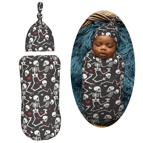 Image of Skull Skeletons in Love Dancing Newborn Swaddle Blankets Hat Sets Soft Baby Receiving Blanket Swaddle Sack for Baby Shower Infant Boy Girl Gift