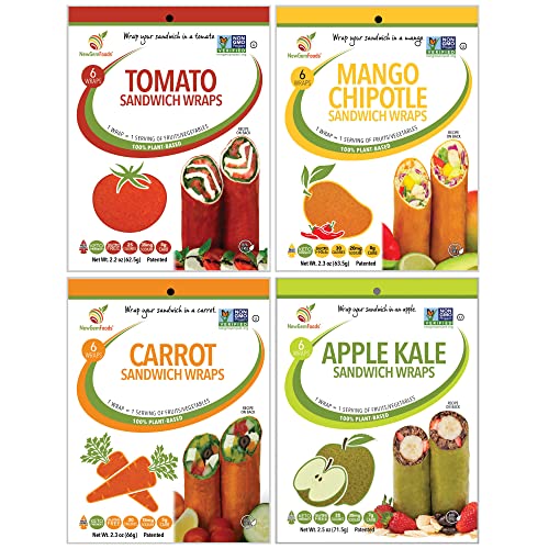 Tomato, Carrot, Apple &amp; Mango Sandwich Wraps (Four-Pack Variety) – Vegan, Gluten-Free, Low-Carb, Plant-Based Tortilla Alternatives – Non-GMO, Paleo-Friendly