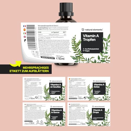 natural elements Vitamin A Tropfen – 50 ml – Vitamin A (Retinylpalmitat) in MCT-Kokosöl gelöst – vegan, hochdosiert, ohne unnötige Zusätze – in Deutschland produziert & laborgeprüft