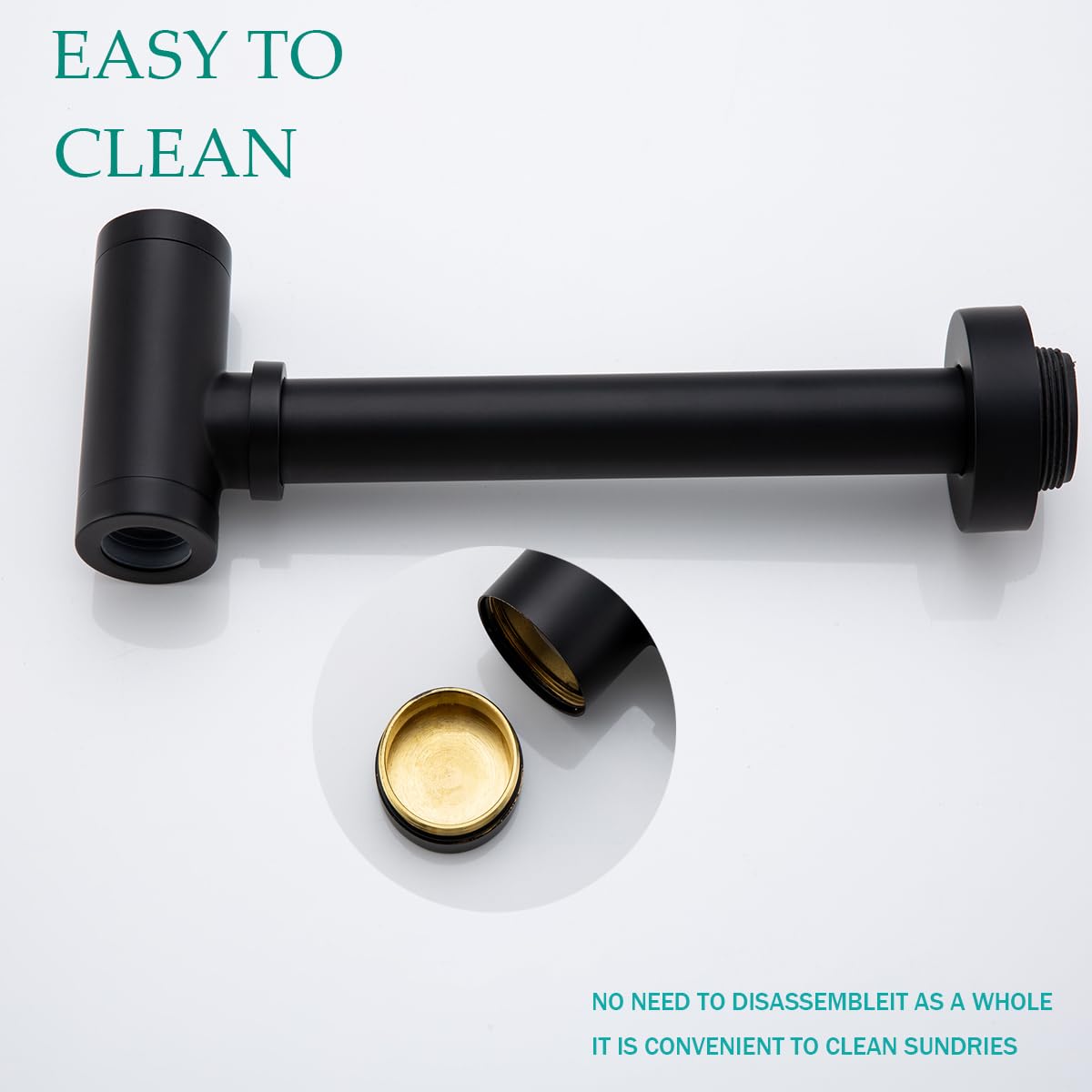 Sifón Redondo de latón con tapón de desagüe emergente, Kit de sifón Ajustable para Lavabo y Fregadero de 1 1/4" sin rebosadero, sifón Negro Mate.
