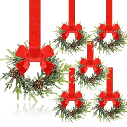 Image of Dingion 6 Pcs 6 Inch Christmas Mini Cabinet Wreaths for Kitchen with Ribbon Bows Norfolk Pine Small Window Wreaths Garland for Door Window Farmhouse Christmas Party Decorations