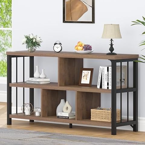 IBF 5 Cube Storage Organizer, Industrial Low Horizontal Bookshelf, Modern Wide Wood and Metal Bookcase with Book Storage, Short Open Cubby Book Shelf for Office Bedroom Living Room, Rustic Oak, 47 in Cover
