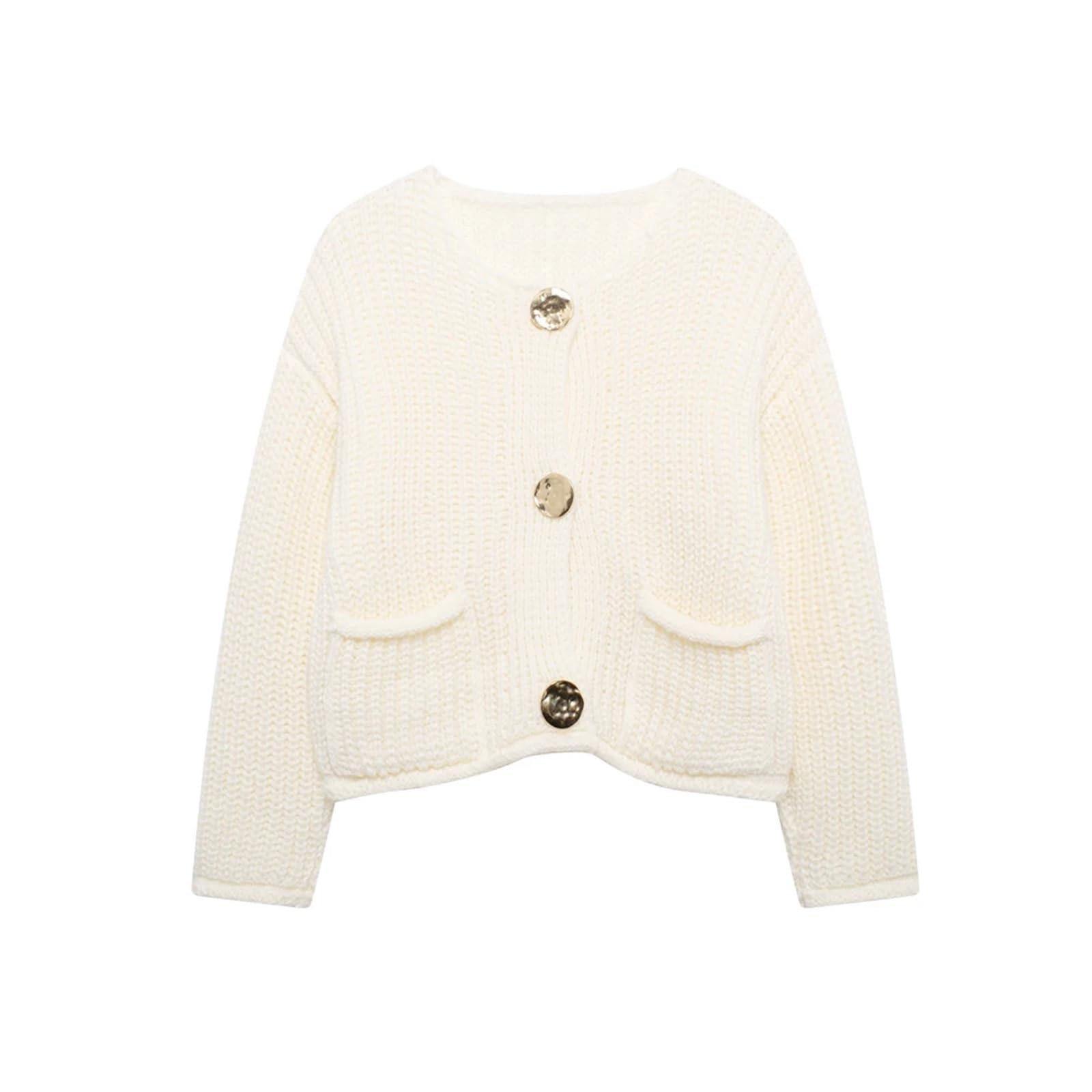 Suéter de Punto Manga Larga for Mujer, Botones Dorados, Bolsillos Parche Delanteros, Cuello Redondo, Prenda Exterior Femenina Cárdigan Mujer